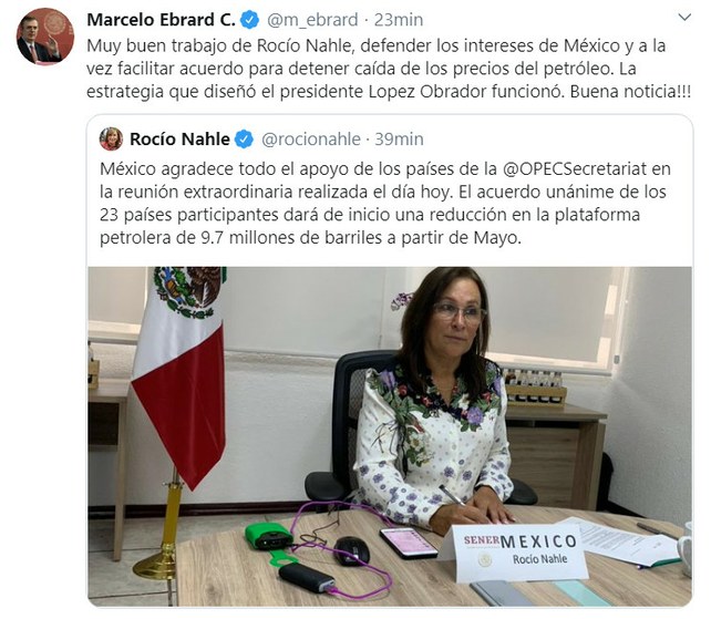 Reconoce canciller a RocíoNahle por defender intereses de México ante OPEP