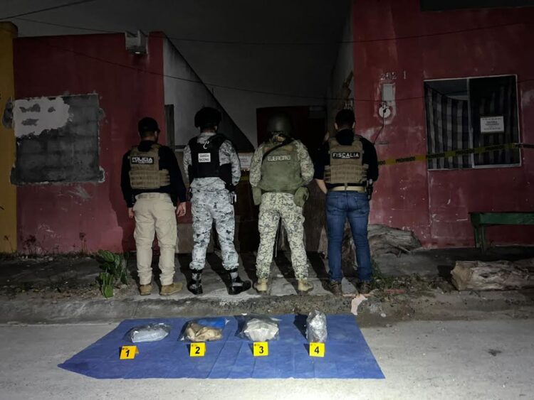 Fuerzas federales y estatales aseguran en Reynosa una guarida con estupefacientes y ‘ponchallantas’